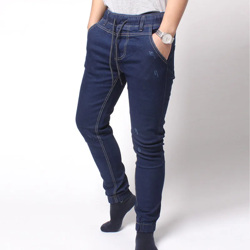 Men's Harem Jeans Washed Feet Shinny Denim Pants Hip Hop Sportswear Elastic Waist Joggers Pants