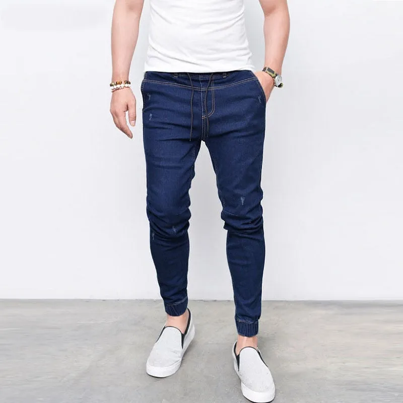 Men's Harem Jeans Washed Feet Shinny Denim Pants Hip Hop Sportswear Elastic Waist Joggers Pants