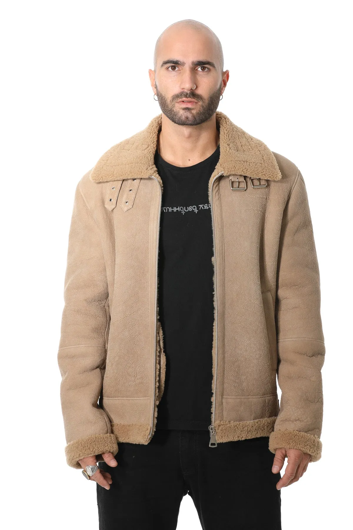 Men's Shearling RAF B3 Aviator Jacket, Washed Camel Curly Wool