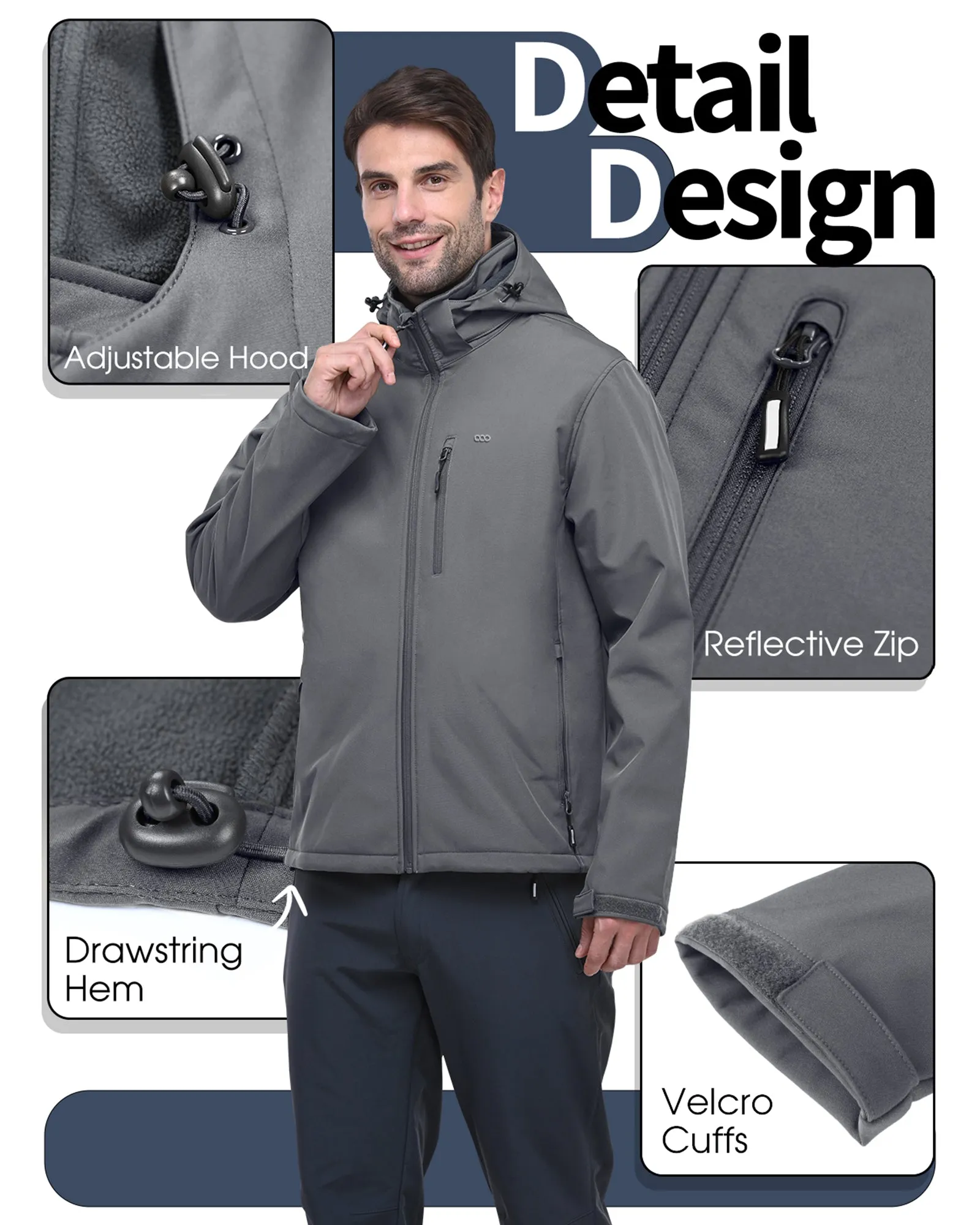 Men's Softshell Jacket with Hood Fleece Lined Windbreaker Lightweight Waterproof Jackets for Hiking