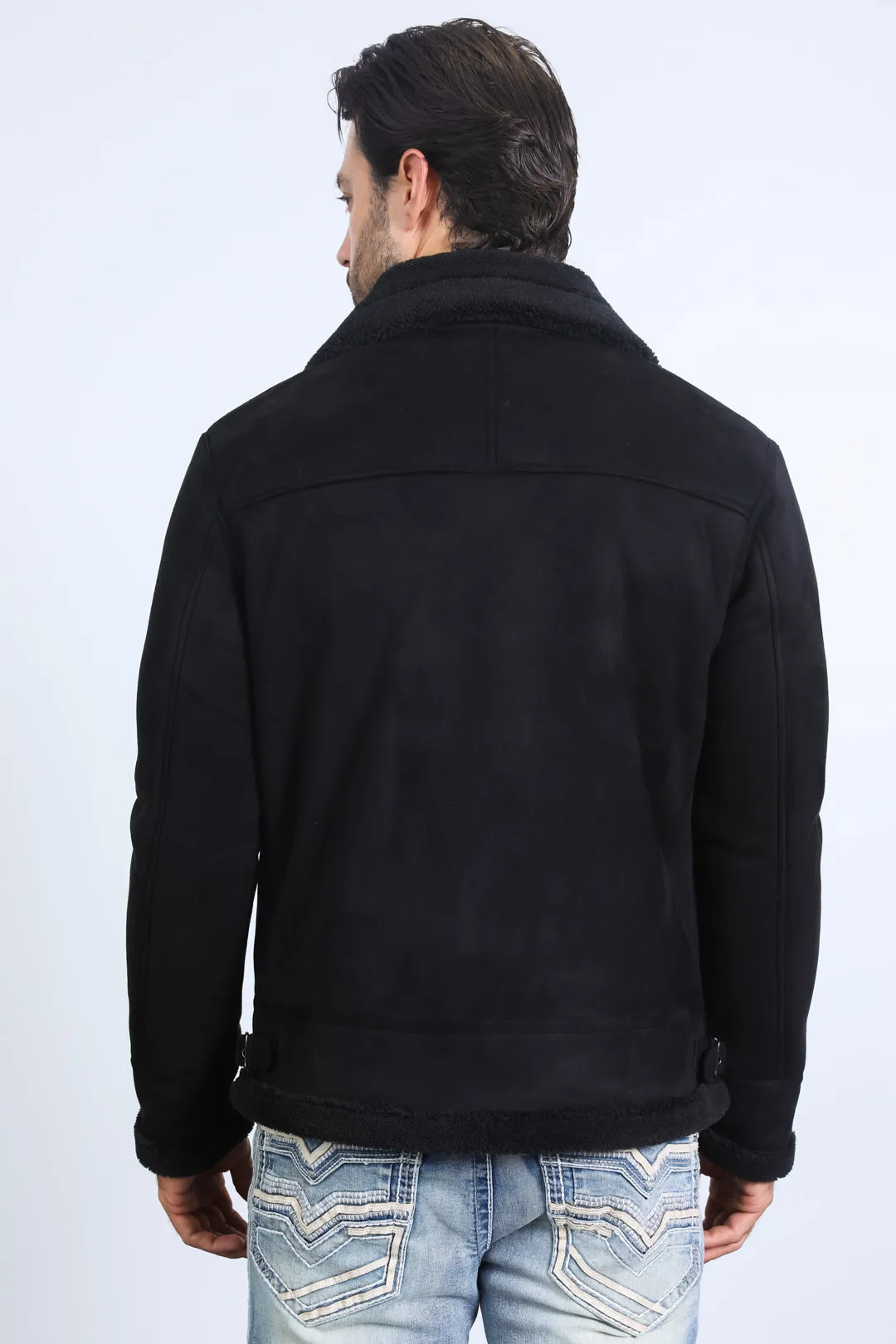 Men's Suede Black Jacket w/ Faux Shearling-lined