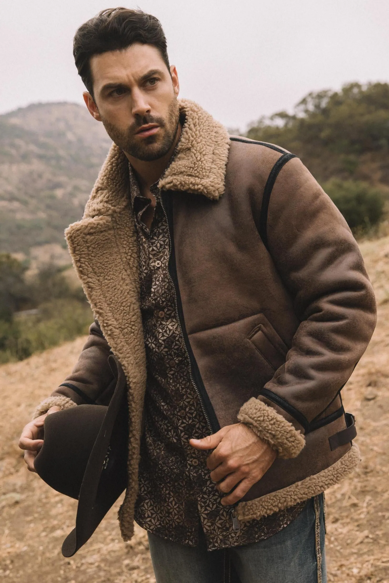 Men's Washed Suede Brown Jacket w/ Faux Shearling-lined