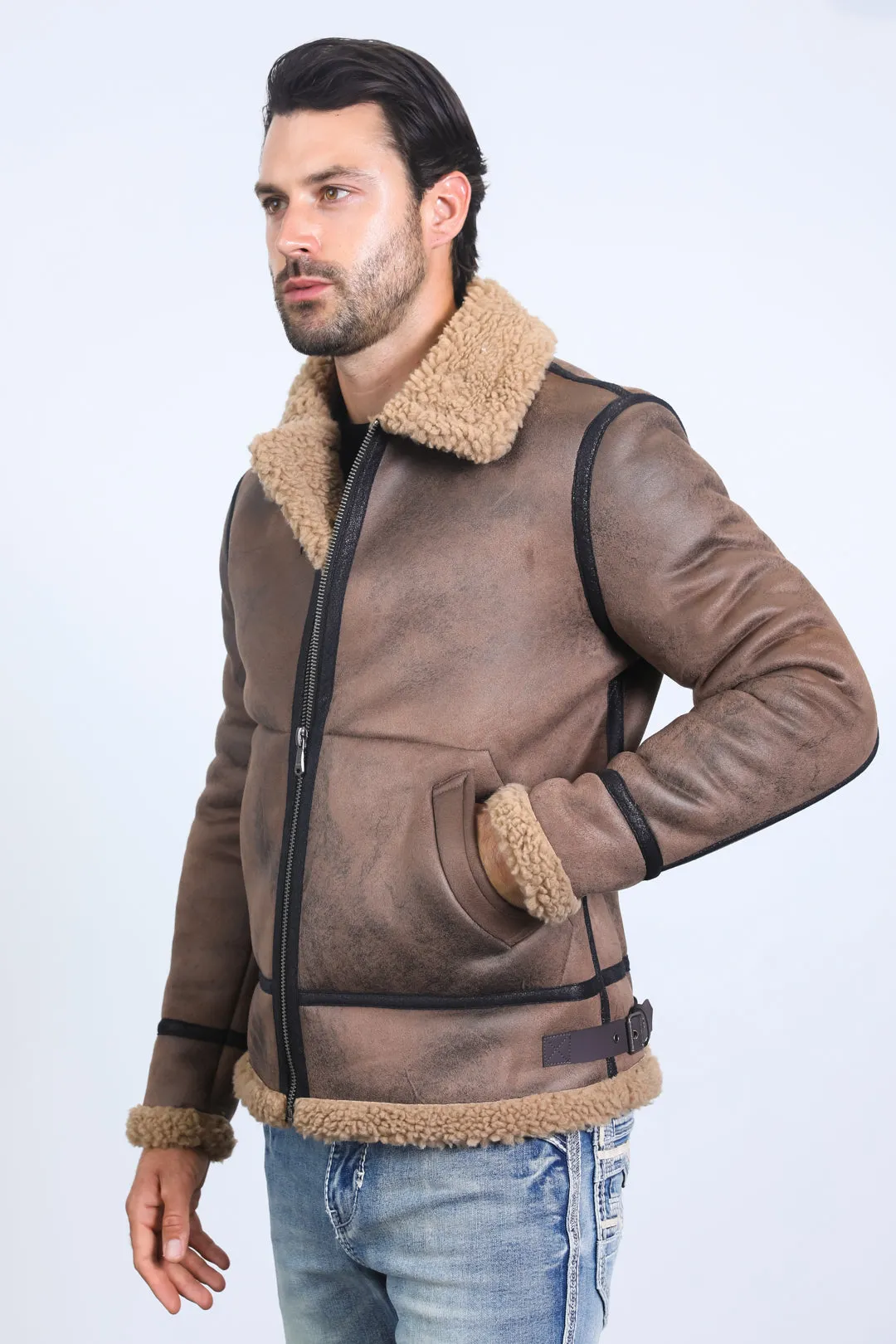 Men's Washed Suede Brown Jacket w/ Faux Shearling-lined