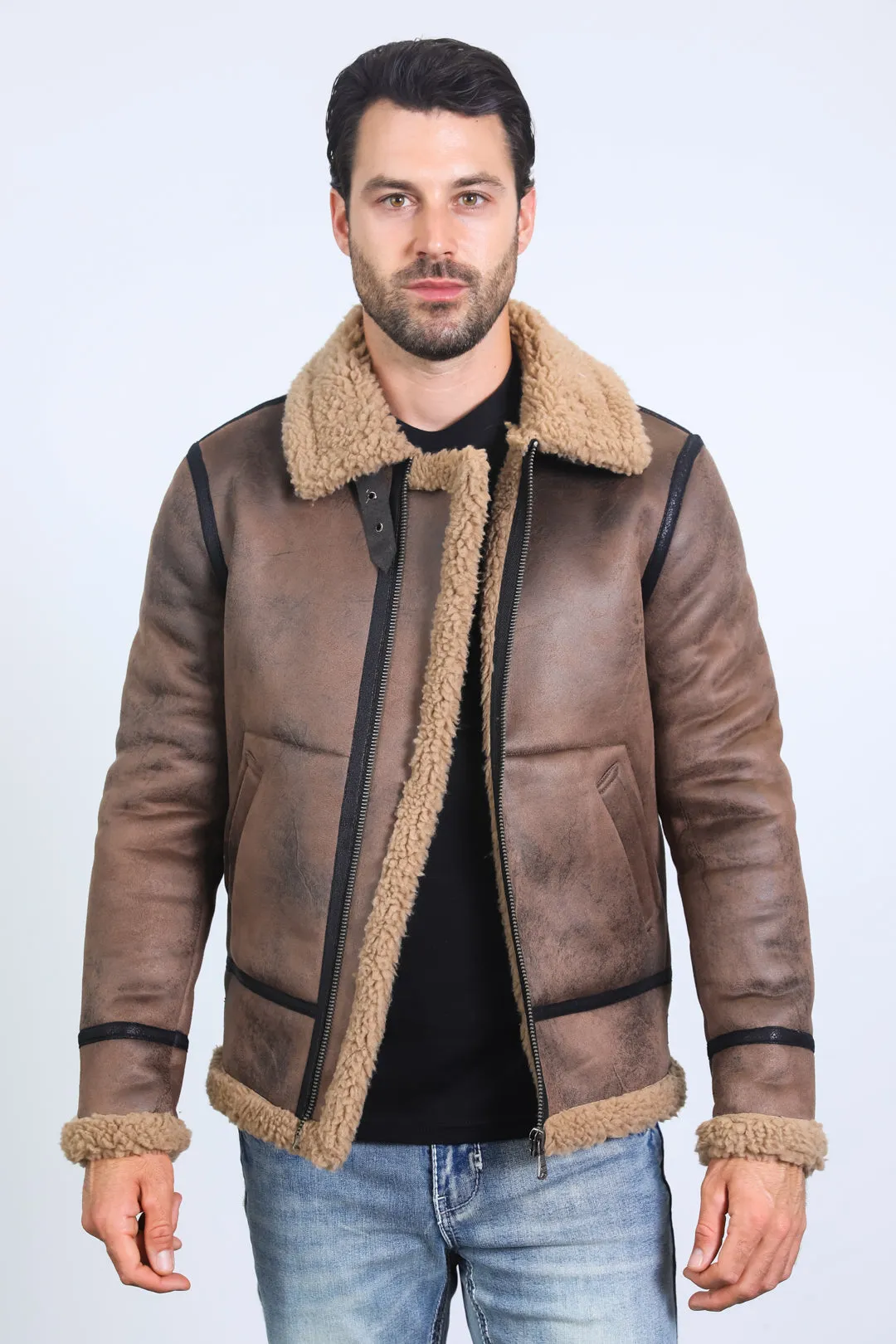 Men's Washed Suede Brown Jacket w/ Faux Shearling-lined