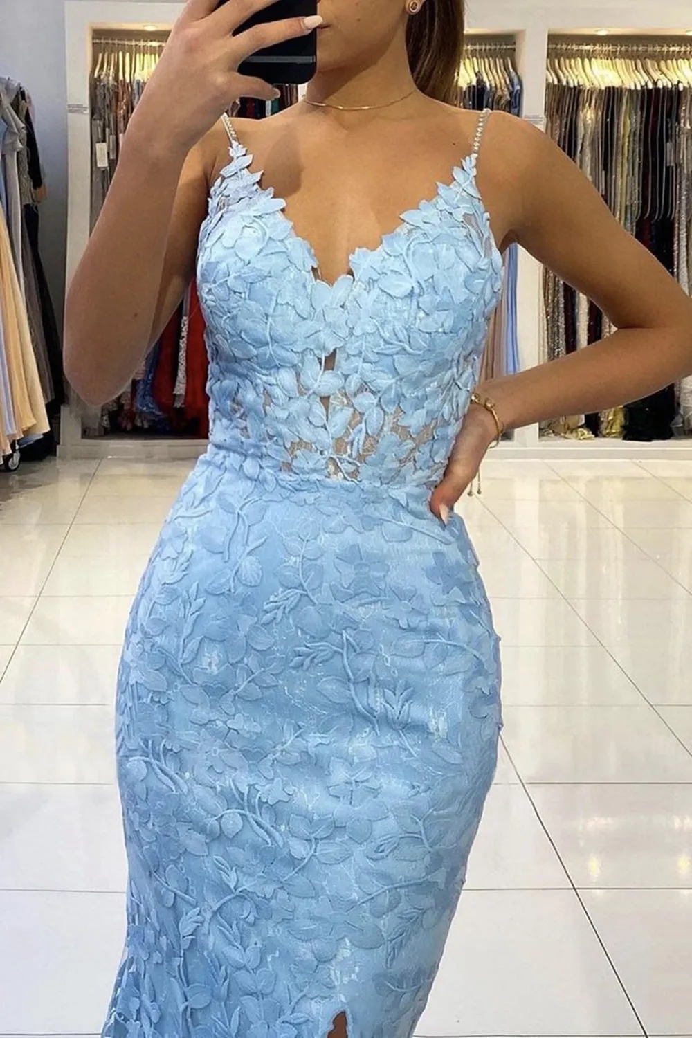 Mermaid V Neck Backless Blue Lace Long Prom Dress, Mermaid Blue Lace Formal Dress, Blue Lace Evening Dress A1349