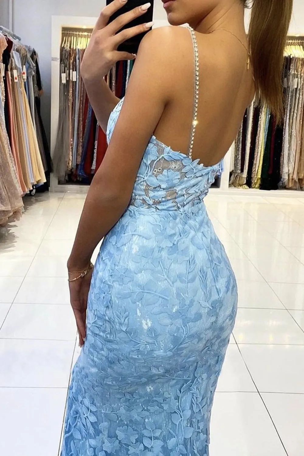 Mermaid V Neck Backless Blue Lace Long Prom Dress, Mermaid Blue Lace Formal Dress, Blue Lace Evening Dress A1349