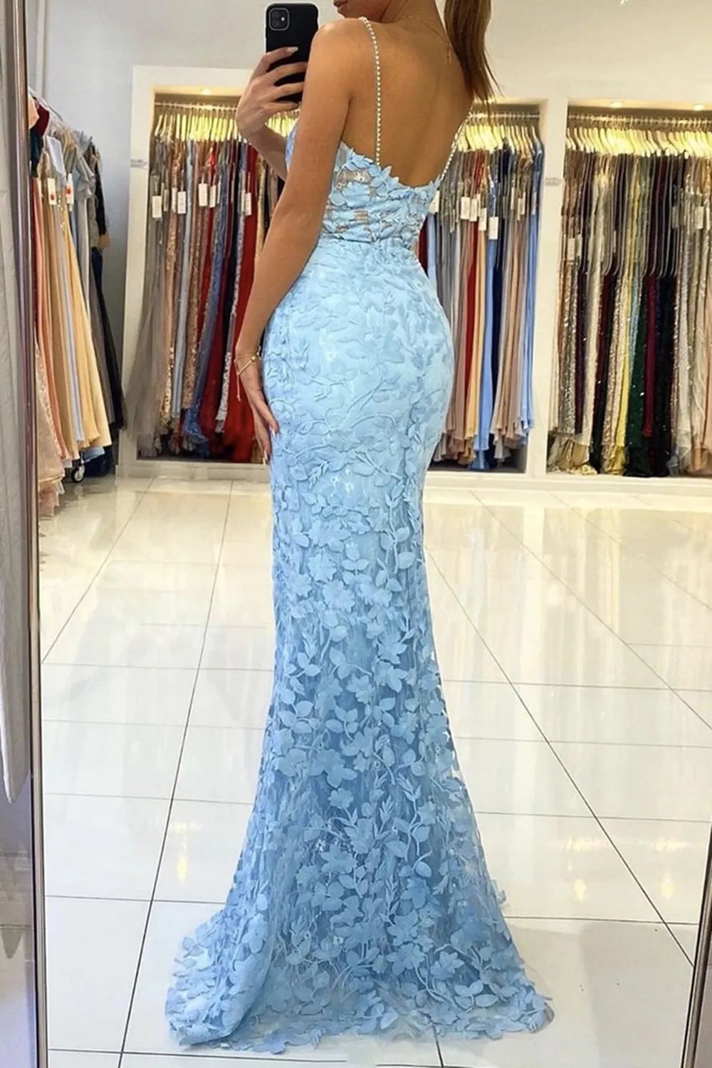 Mermaid V Neck Backless Blue Lace Long Prom Dress, Mermaid Blue Lace Formal Dress, Blue Lace Evening Dress A1349