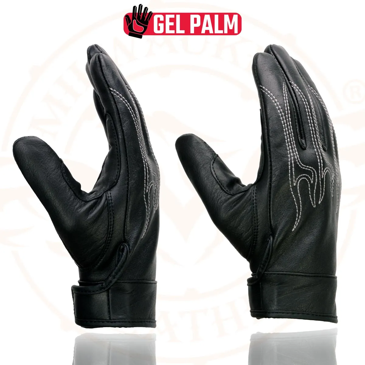 Milwaukee Leather SH820 Men's Black Leather ‘White Flame’ Cruising Hand Gloves W/ Gel Palm