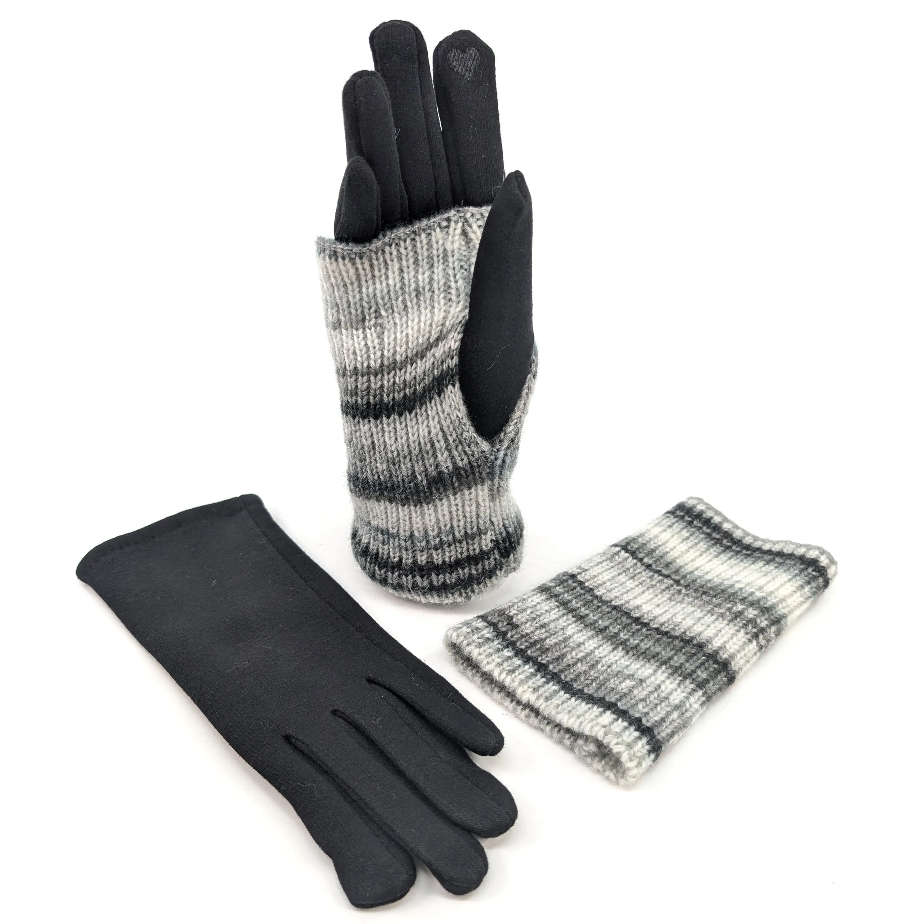 Multi Striped Two in One Gloves - Snowy Charcoal