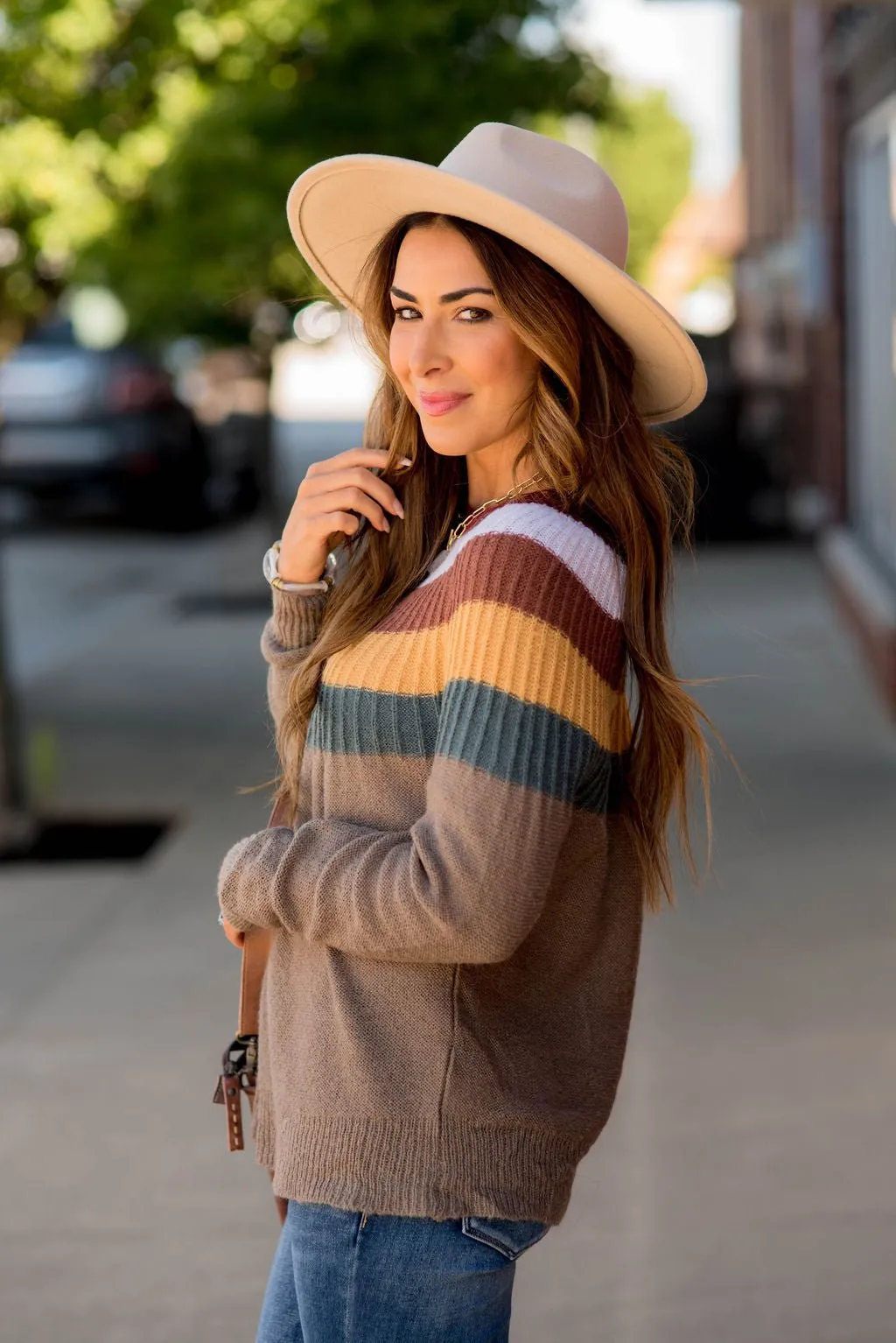 Neutral Rainbow Neck Knit Sweater