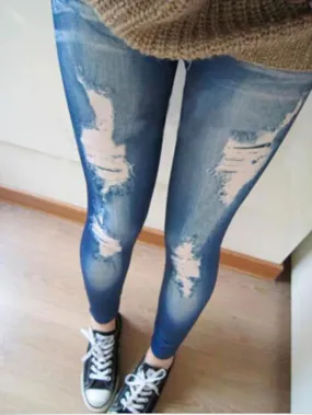 New Black/Blue Leggings Women Fashions Destroyed Leggings Jeans Look Jeggings Stretch Skinny Laddy Jeans