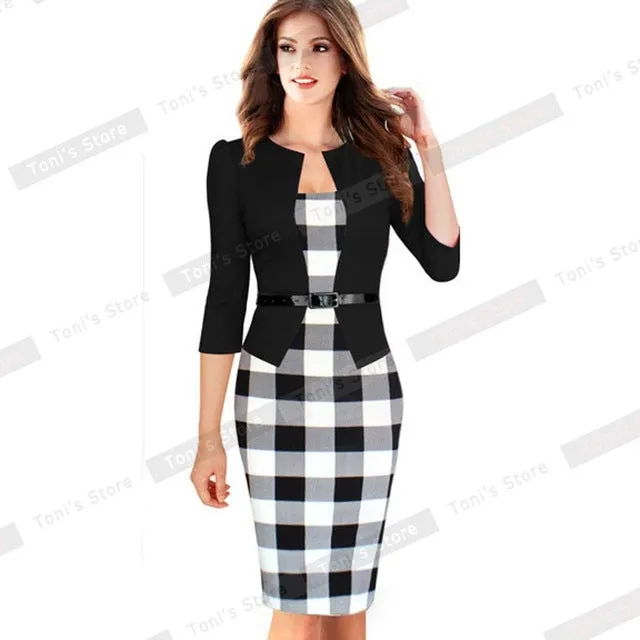 Nice-forever One-piece Faux Jacket Brief Elegant Patterns Work dress Office Bodycon Female 3/4 Or Full Sleeve Sheath Dress b237