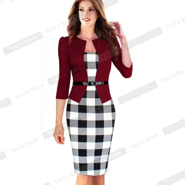 Nice-forever One-piece Faux Jacket Brief Elegant Patterns Work dress Office Bodycon Female 3/4 Or Full Sleeve Sheath Dress b237