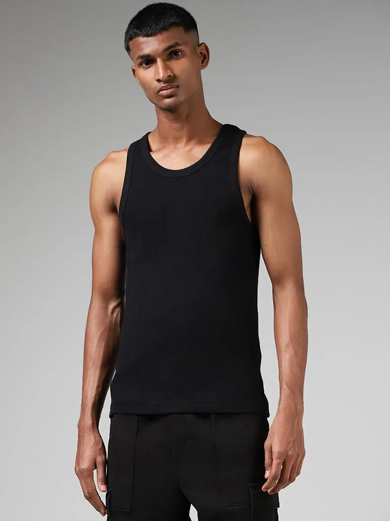 Nuon Black Self-Striped Cotton Blend Slim-Fit Vest