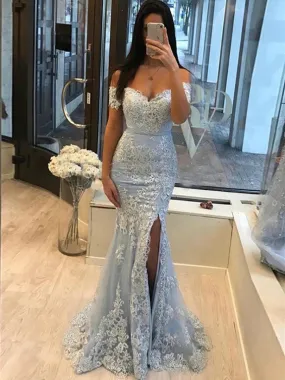 Off Shoulder Mermaid Light Blue Lace Long Prom, Off Shoulder Light Blue Formal, Mermaid Light Blue Evening