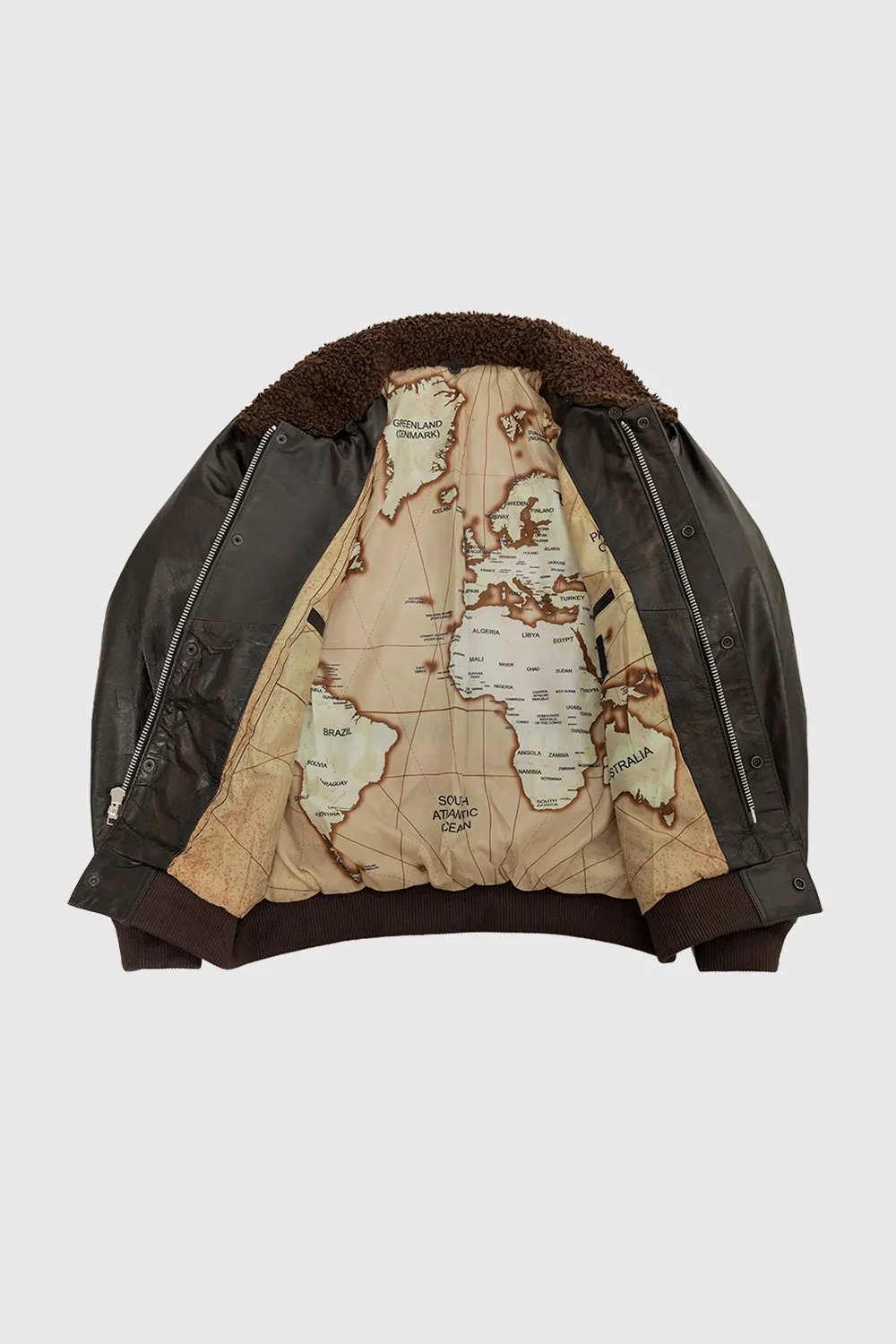 Old World Map Bomber Jacket Brown