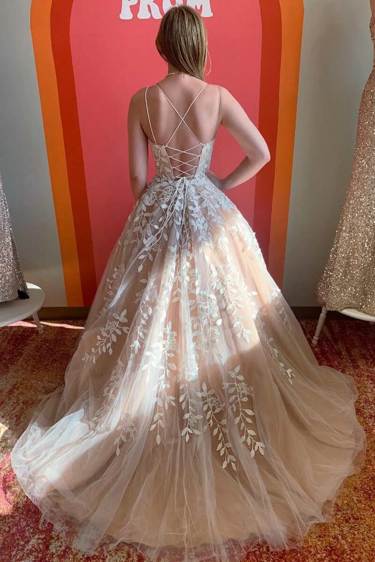 Open Back Champagne Tulle Long Prom Dress with Lace Appliques, Champagne Lace Formal Dress, Champagne Tulle Evening Dress A1538