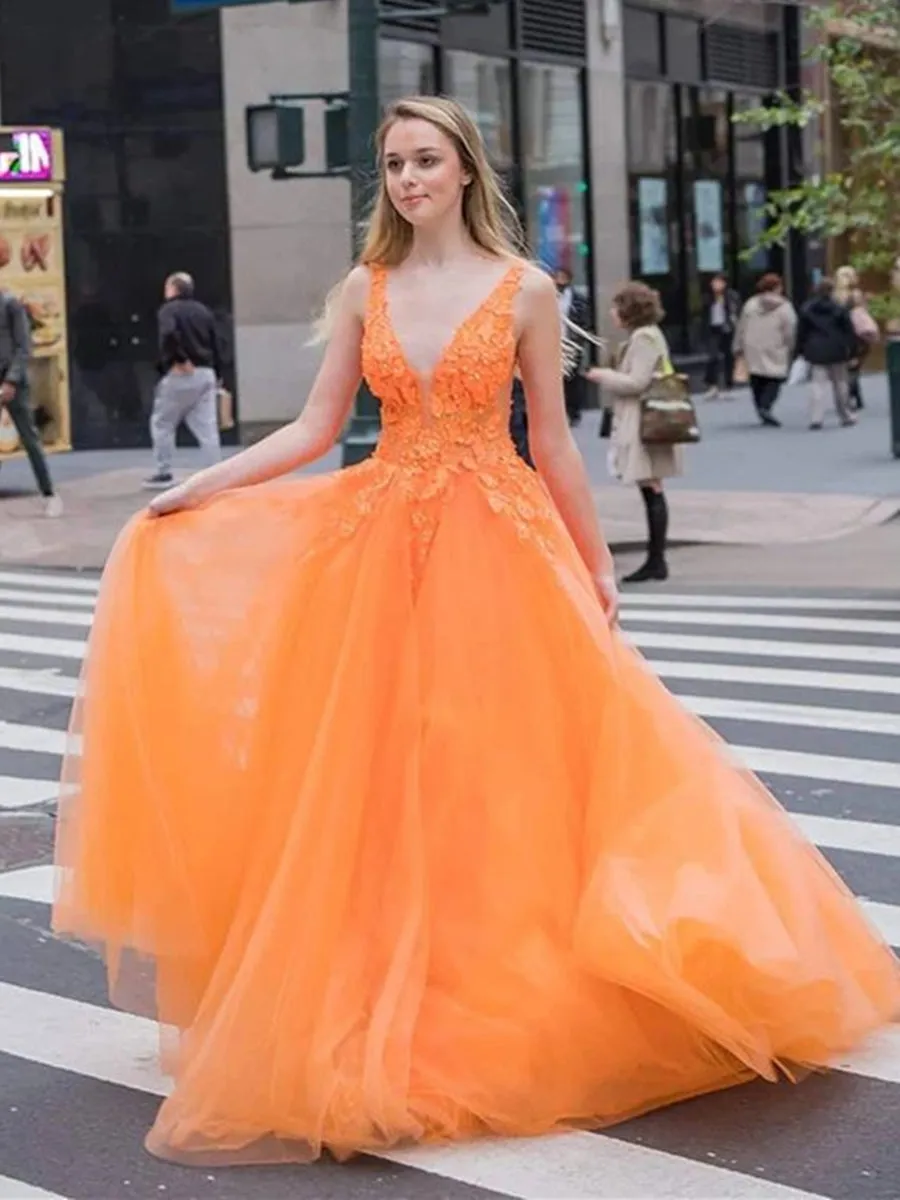 Orange V Neck Tulle Lace Appliques Long Prom, V Neck Lace Orange Formal, Orange Lace Evening