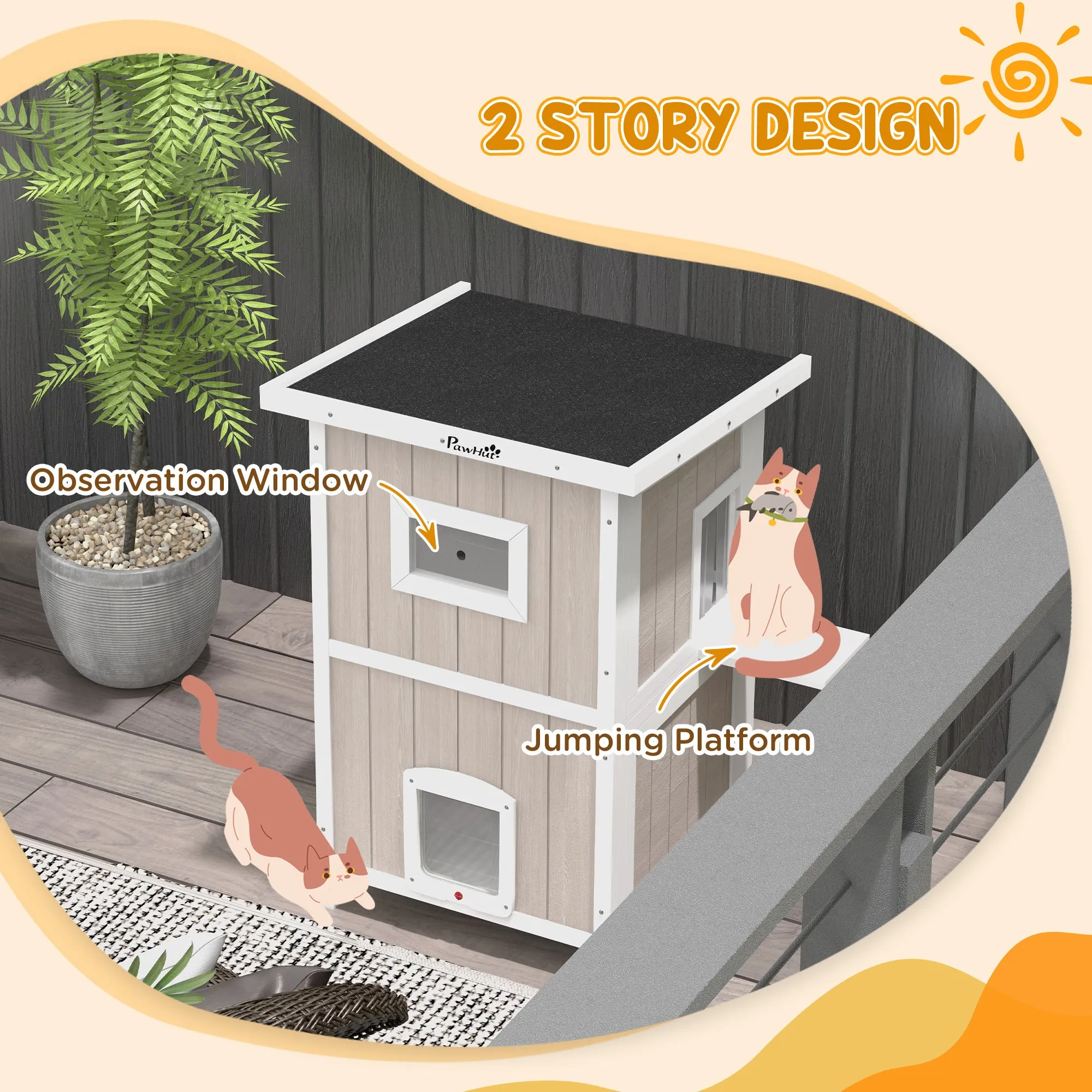 Outdoor Wooden Cat House w/ Removable Bottom, Escape Doors, for 1-2 Cats