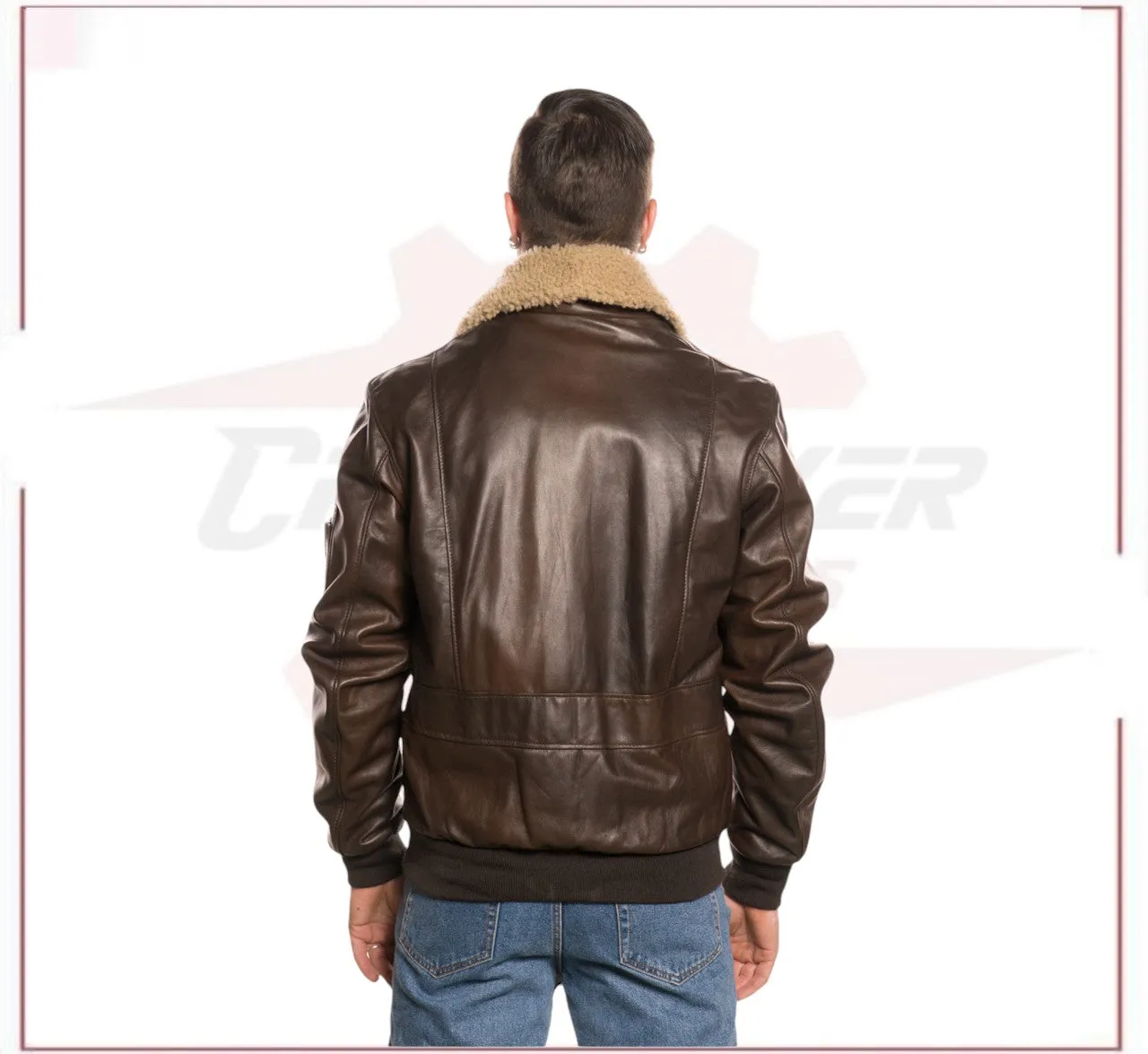 Pilota - Men's Bomber Jacket in Genuine Dark Brown Leather with Real Brown Shearling Collar