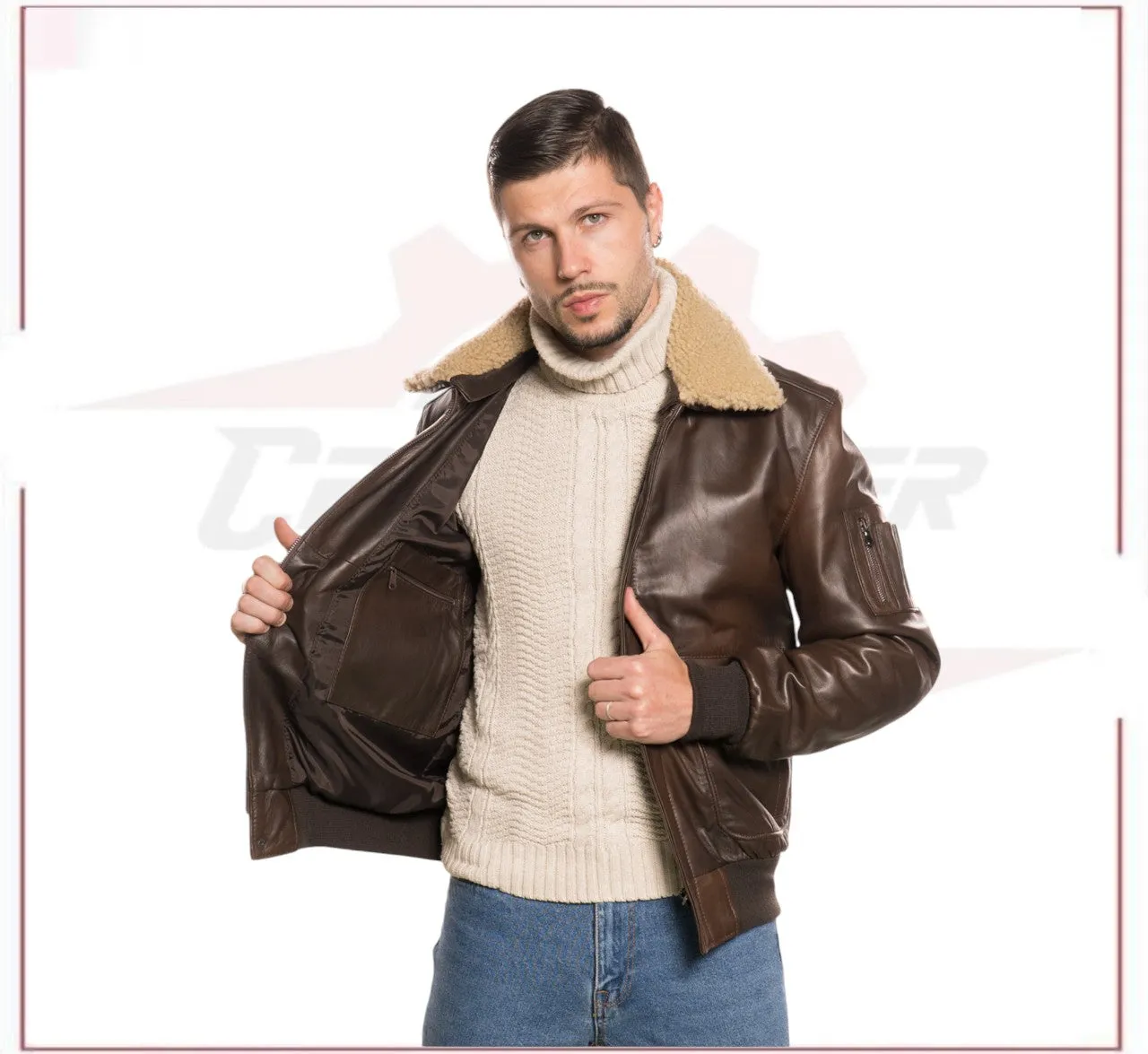 Pilota - Men's Bomber Jacket in Genuine Dark Brown Leather with Real Brown Shearling Collar