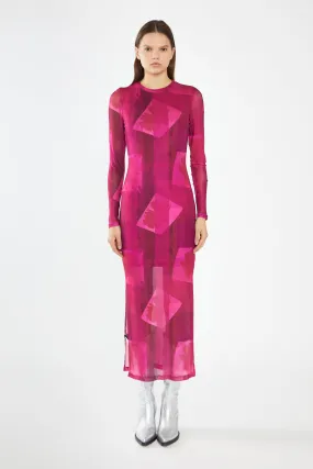 Pink-Block Mesh Crew-Neck Bodycon Maxi-Dress