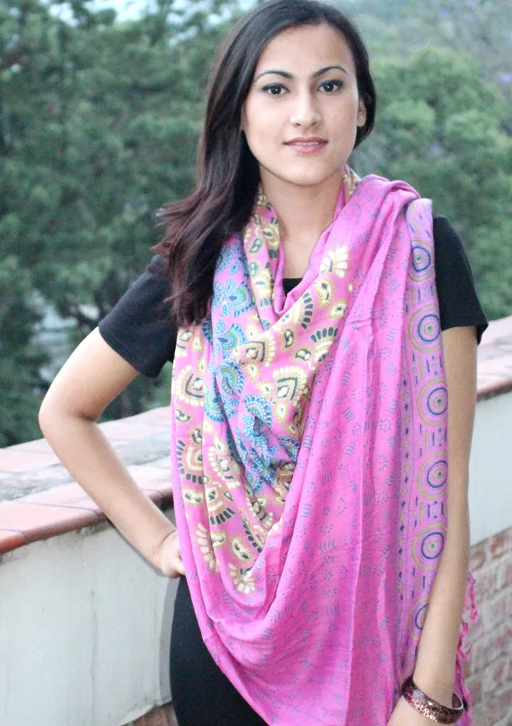 Pink Mandala Print Cotton Shawl/Scarf with Fringe