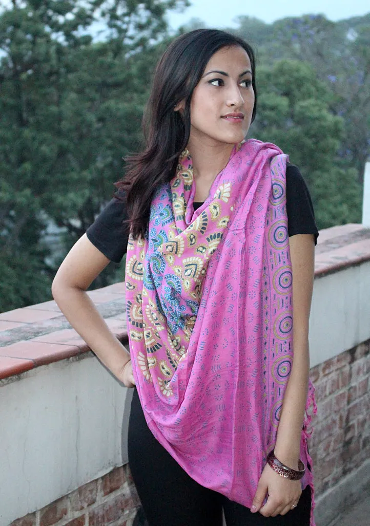 Pink Mandala Print Cotton Shawl/Scarf with Fringe