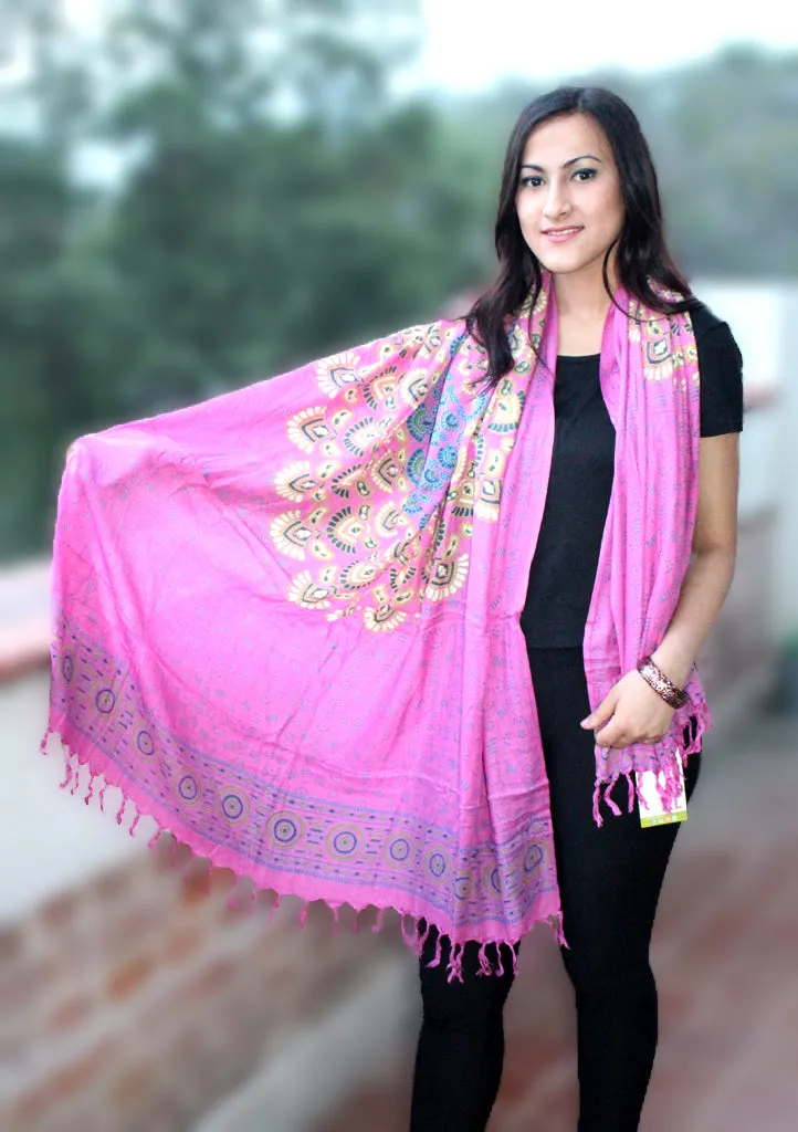 Pink Mandala Print Cotton Shawl/Scarf with Fringe