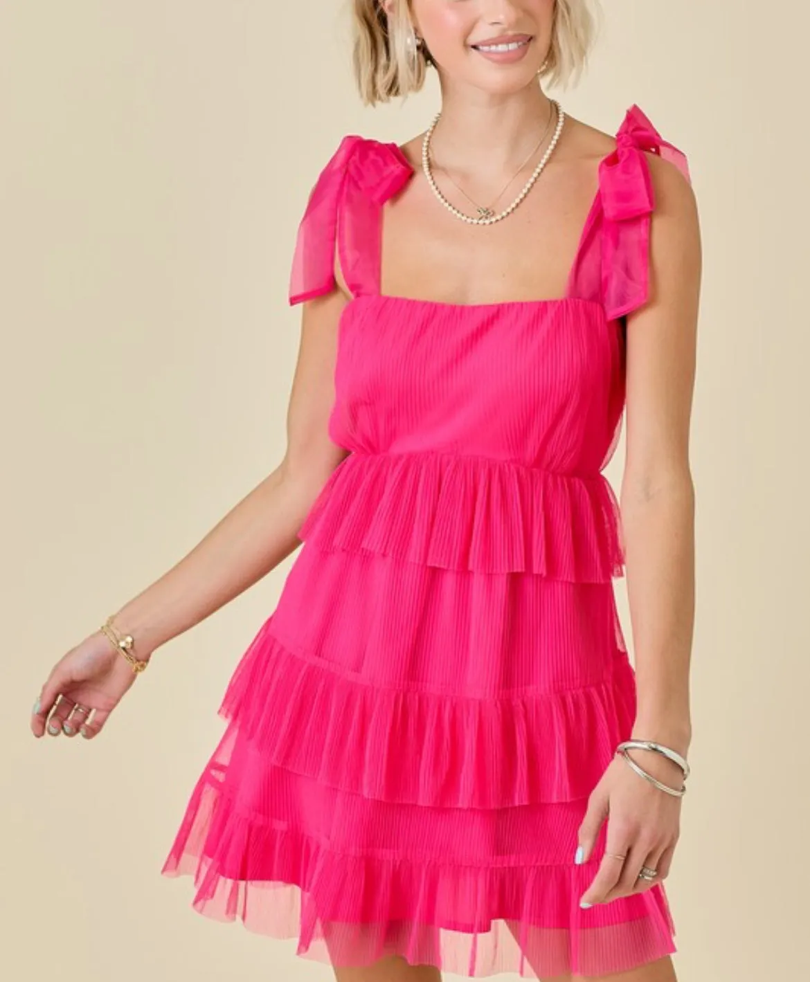 Pink tiered ruffle chiffon mini dress with self tie straps