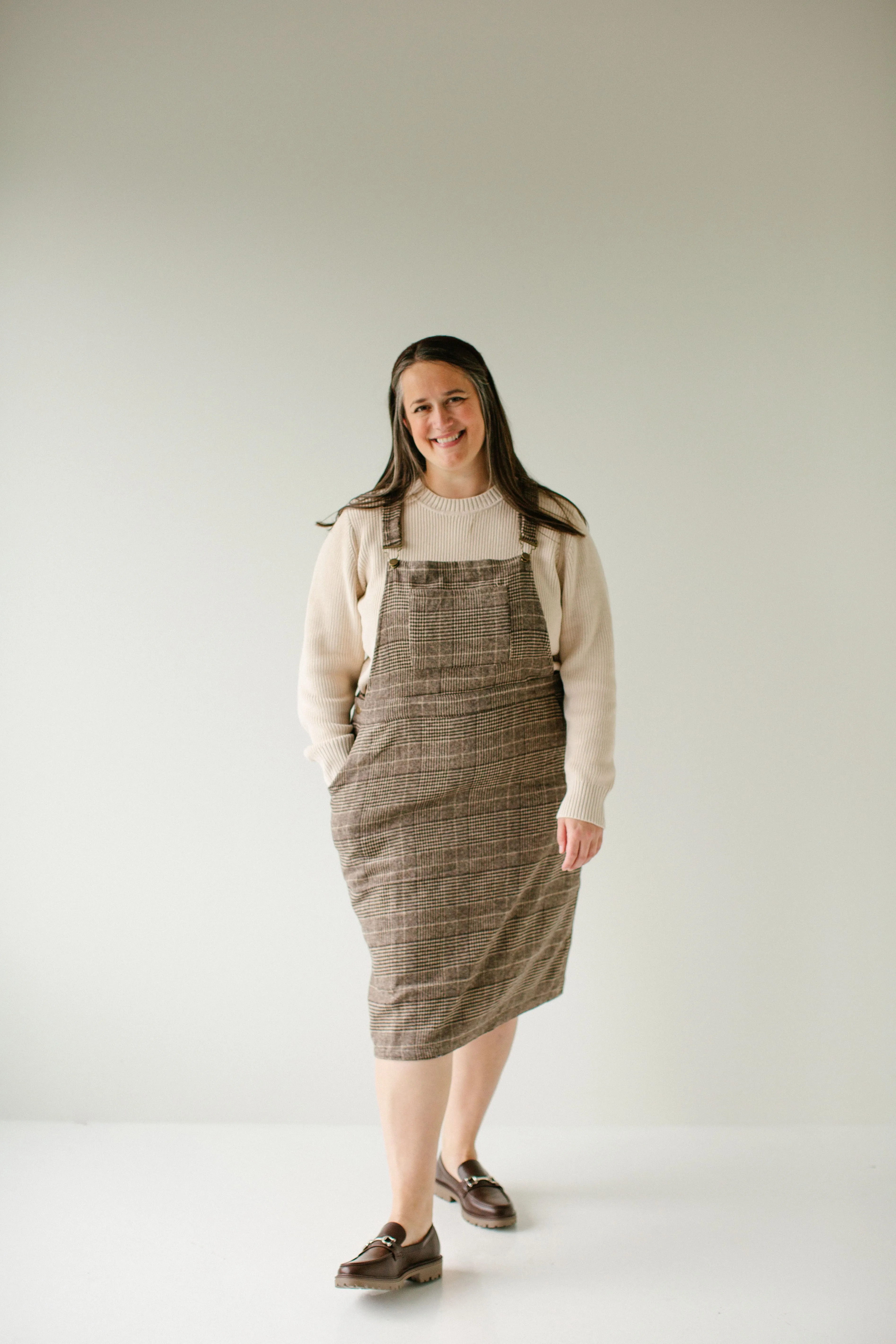 Plus 'Oaks' Plaid Overall Dress in Brown