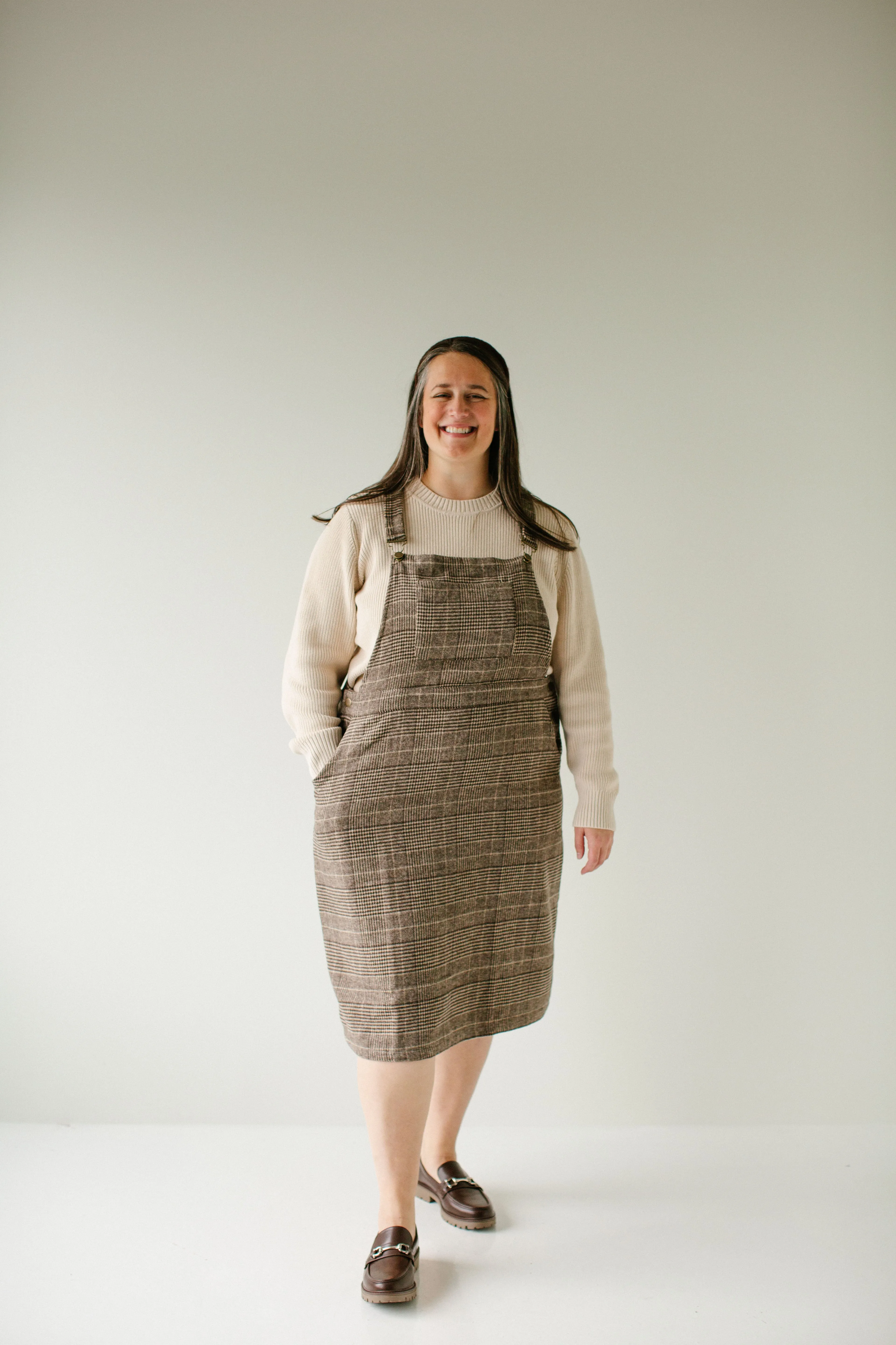 Plus 'Oaks' Plaid Overall Dress in Brown