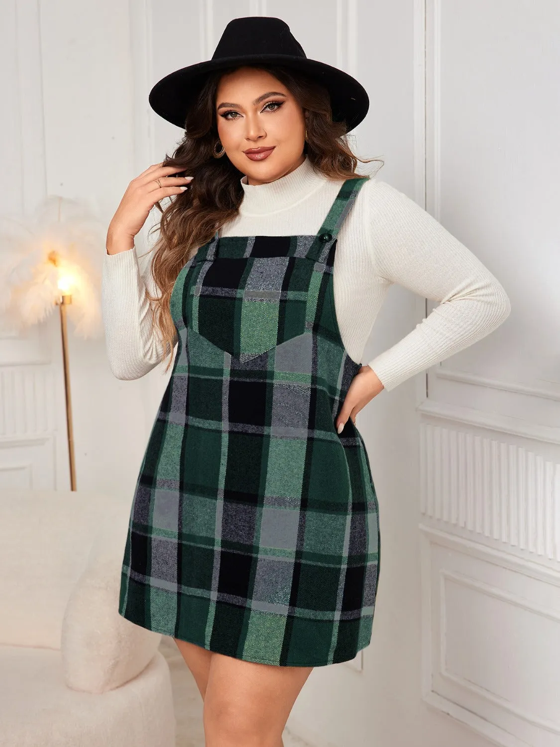 Plus Size Plaid Wide Strap Overall Dress