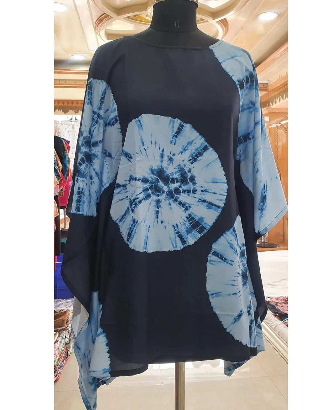 Printed Rayon Dark Blue Kaftan Tunic tops for Ladies