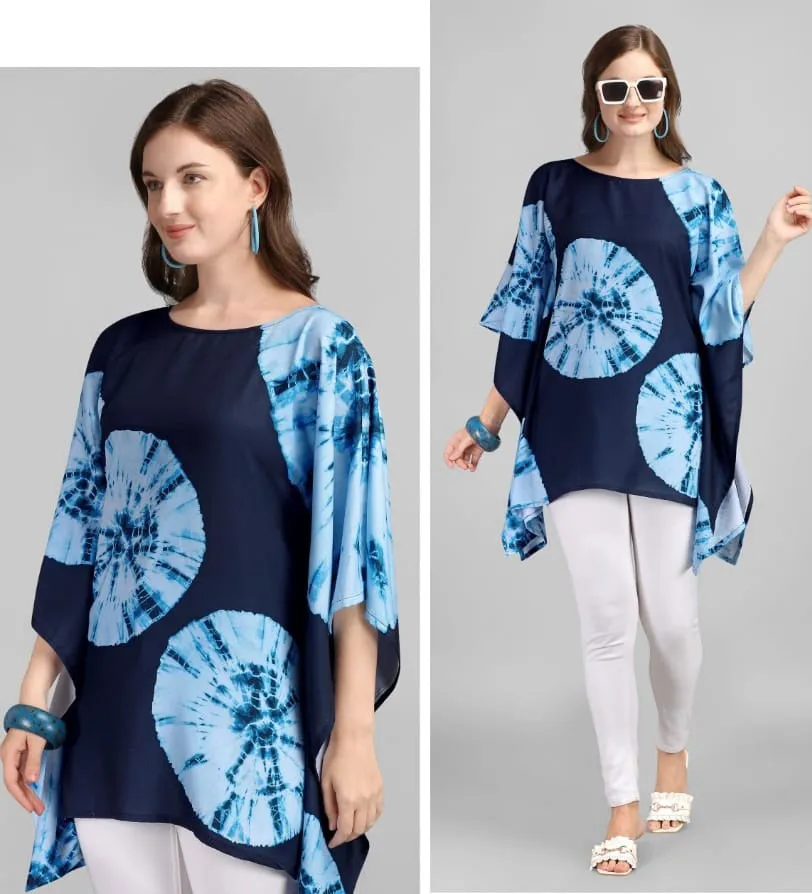 Printed Rayon Dark Blue Kaftan Tunic tops for Ladies