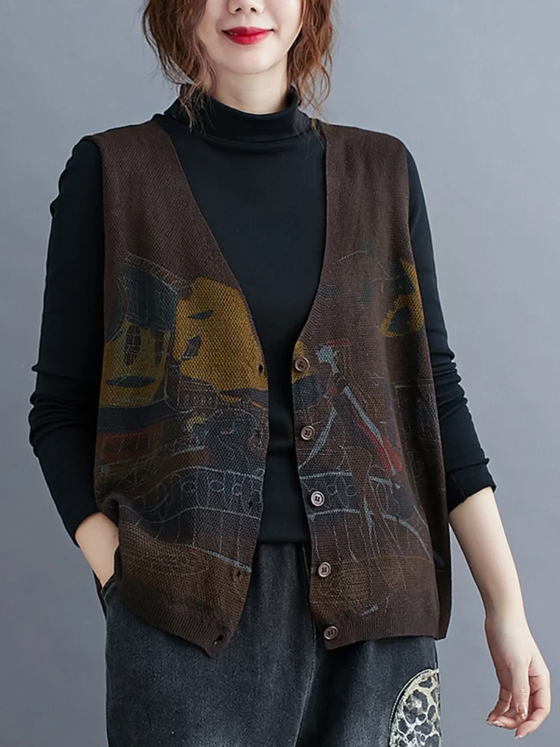 Printing Sleeveless knitted Vest Sweater Cardigan Jacket