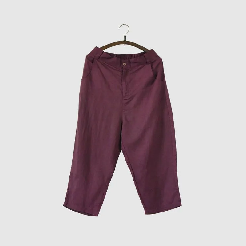 Purple Linen Turnip Pants Simple Causel Trousers Women Clothes