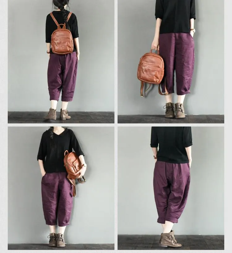 Purple Linen Turnip Pants Simple Causel Trousers Women Clothes