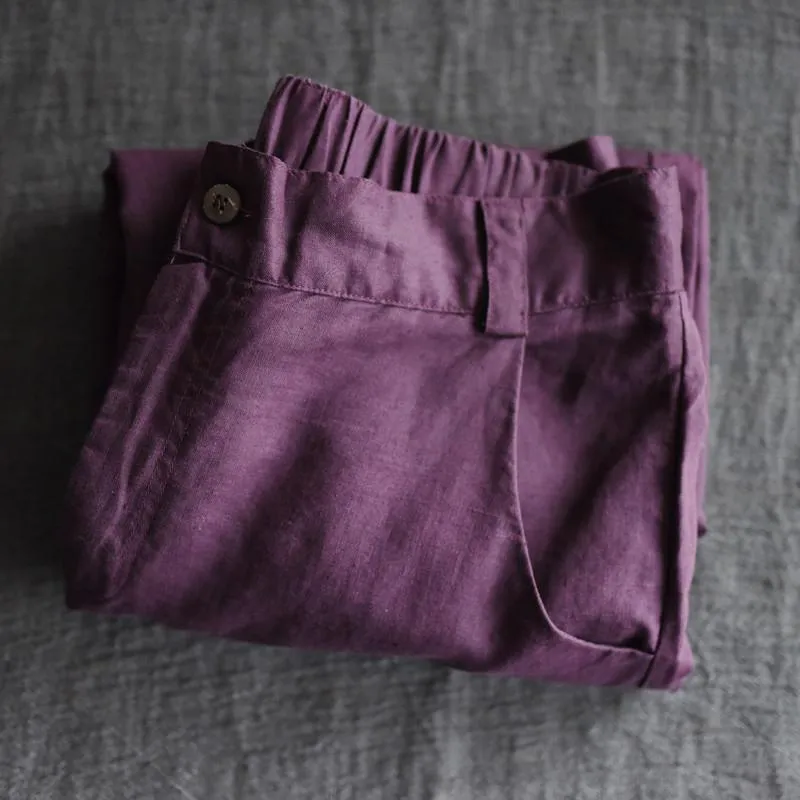 Purple Linen Turnip Pants Simple Causel Trousers Women Clothes