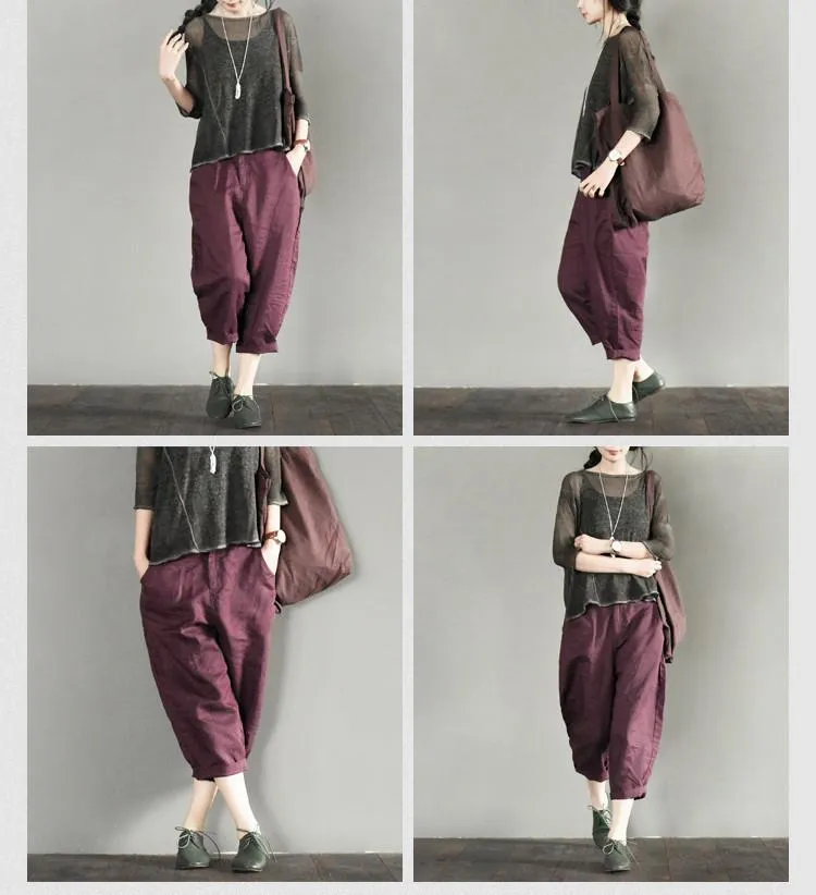 Purple Linen Turnip Pants Simple Causel Trousers Women Clothes