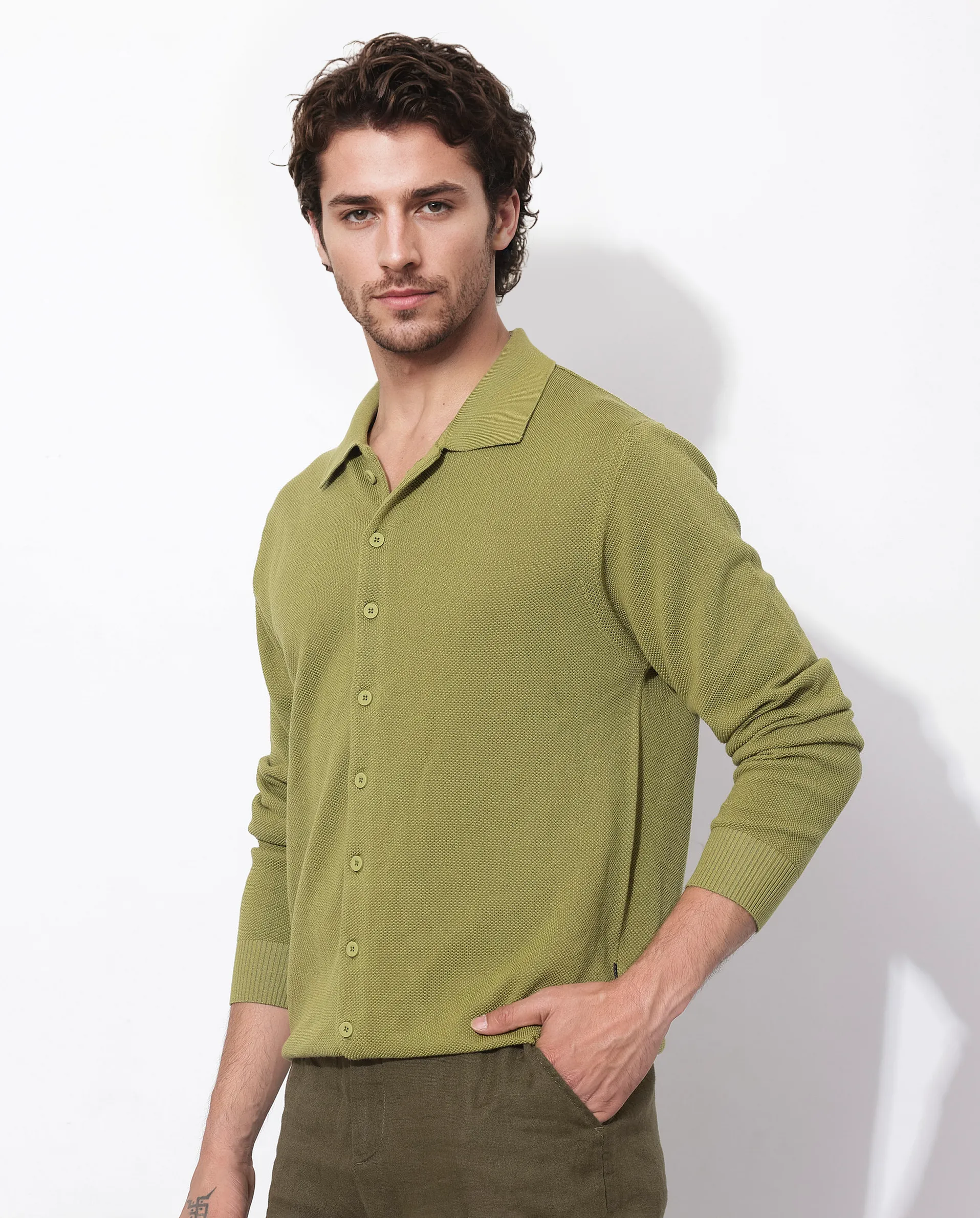 Rare Rabbit Men's Alias-N Flouroscent Green Cotton Fabric Full Sleeve Regular Collar Regular Fit Knitted Shirt