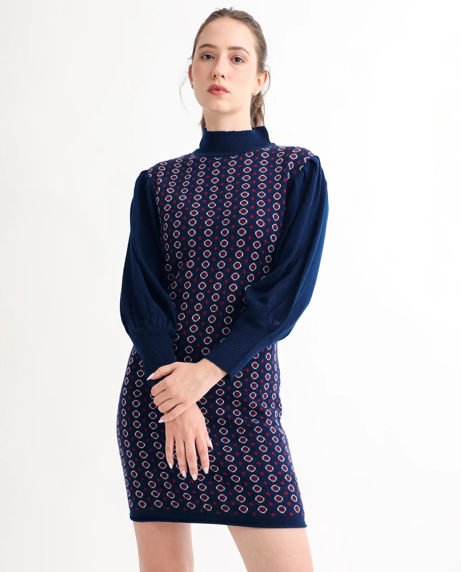 Rareism Women Web Navy Acrylic Fabric Full Sleeves Knee Length Regular Fit Geometric Print High Neck Sweater