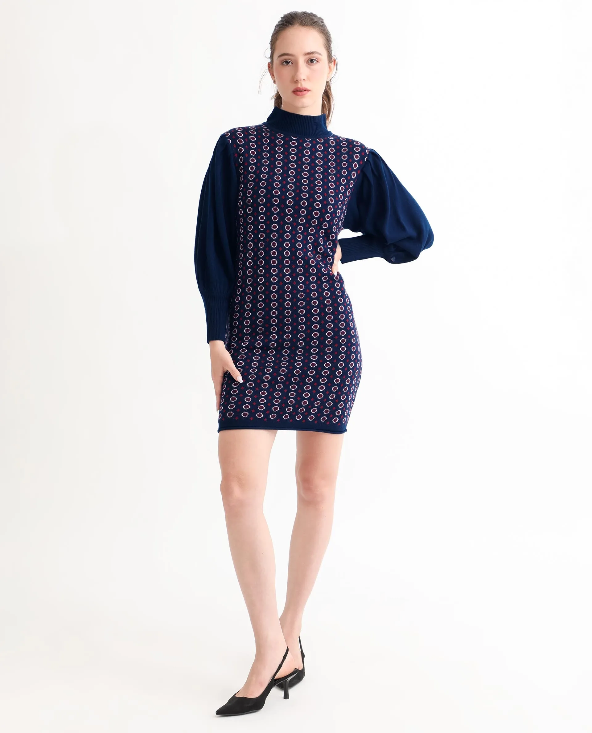 Rareism Women Web Navy Acrylic Fabric Full Sleeves Knee Length Regular Fit Geometric Print High Neck Sweater