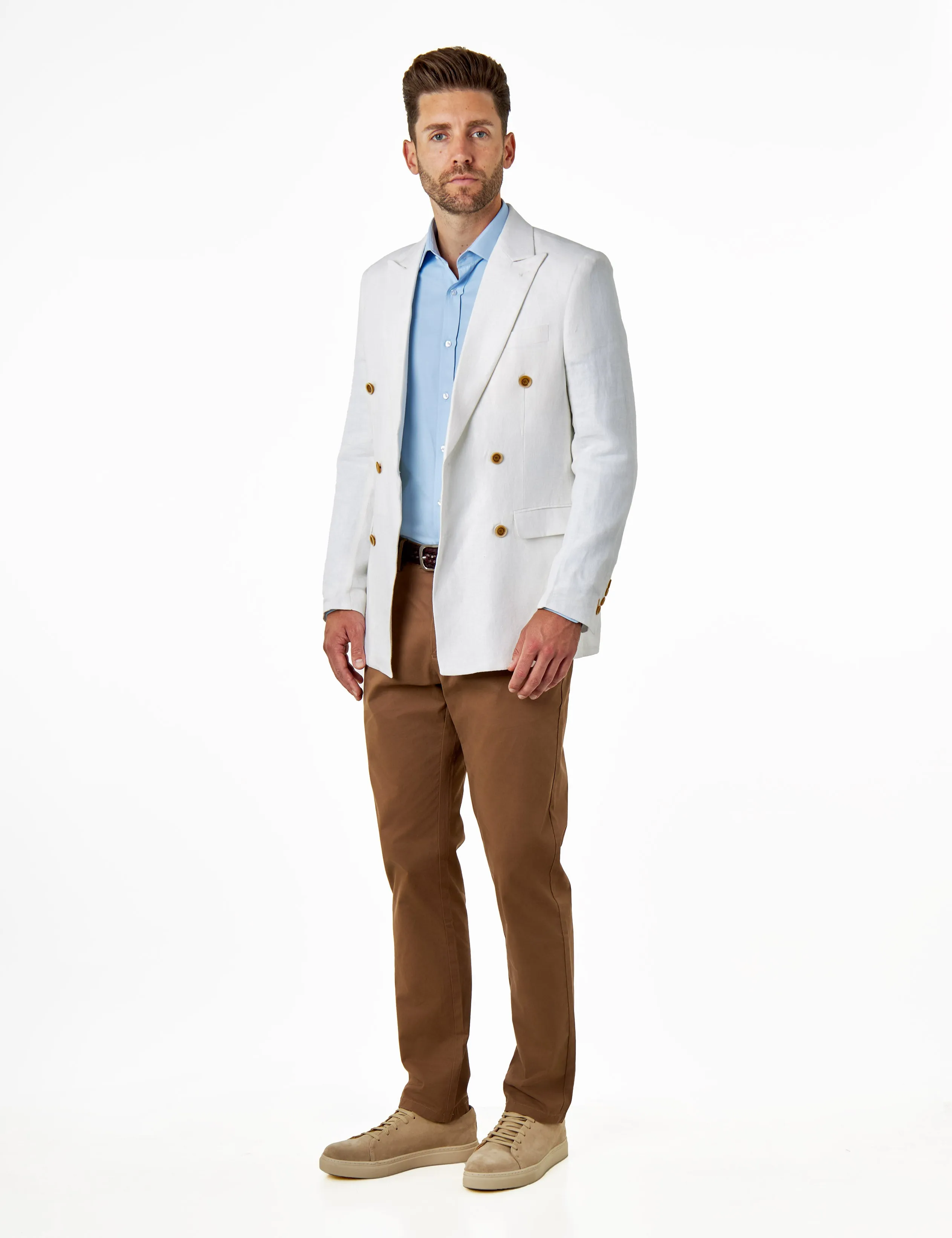 RAY - Tailored Fit Off White Herringbone Linen Double Breasted Jacket