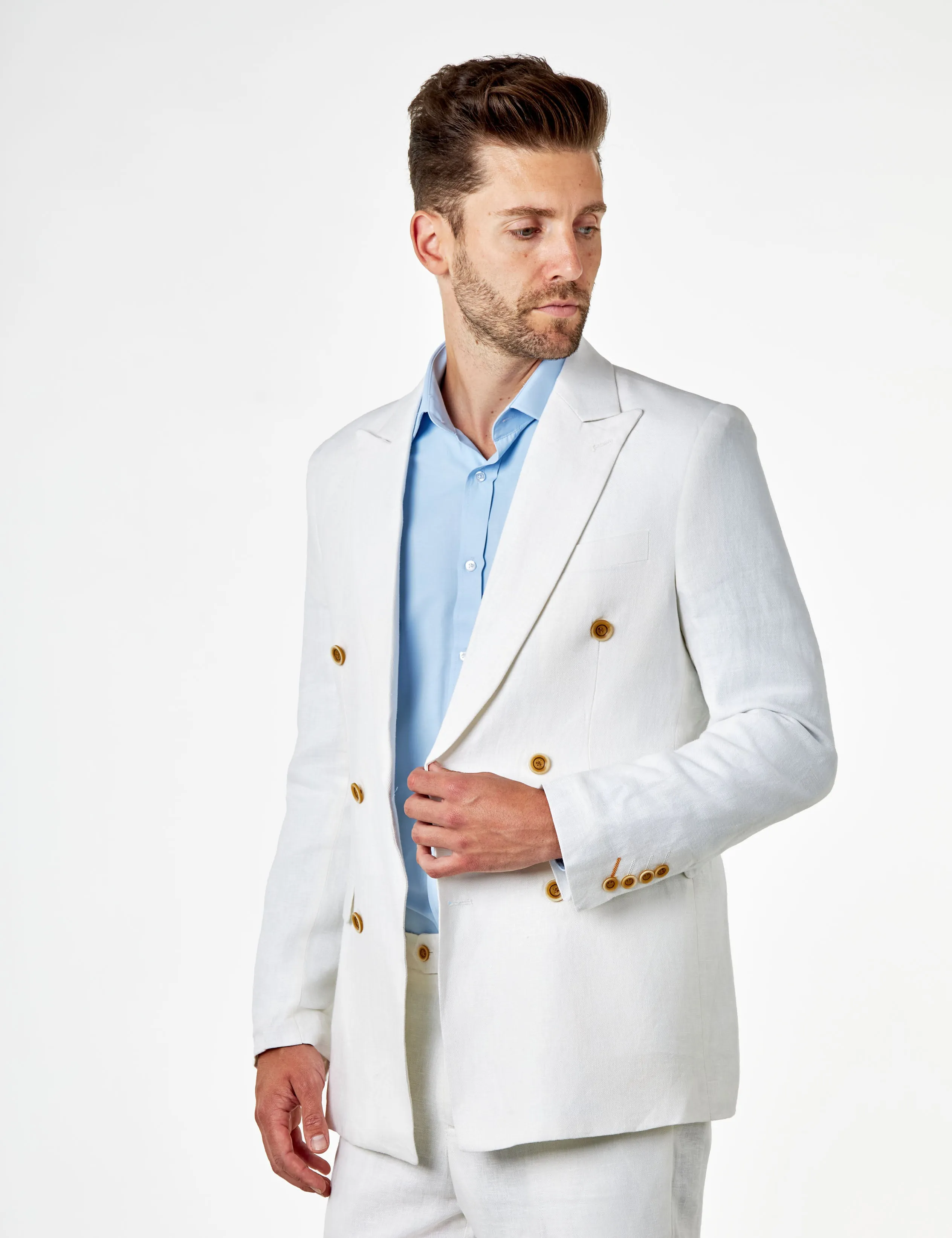 RAY - Tailored Fit Off White Herringbone Linen Double Breasted Jacket