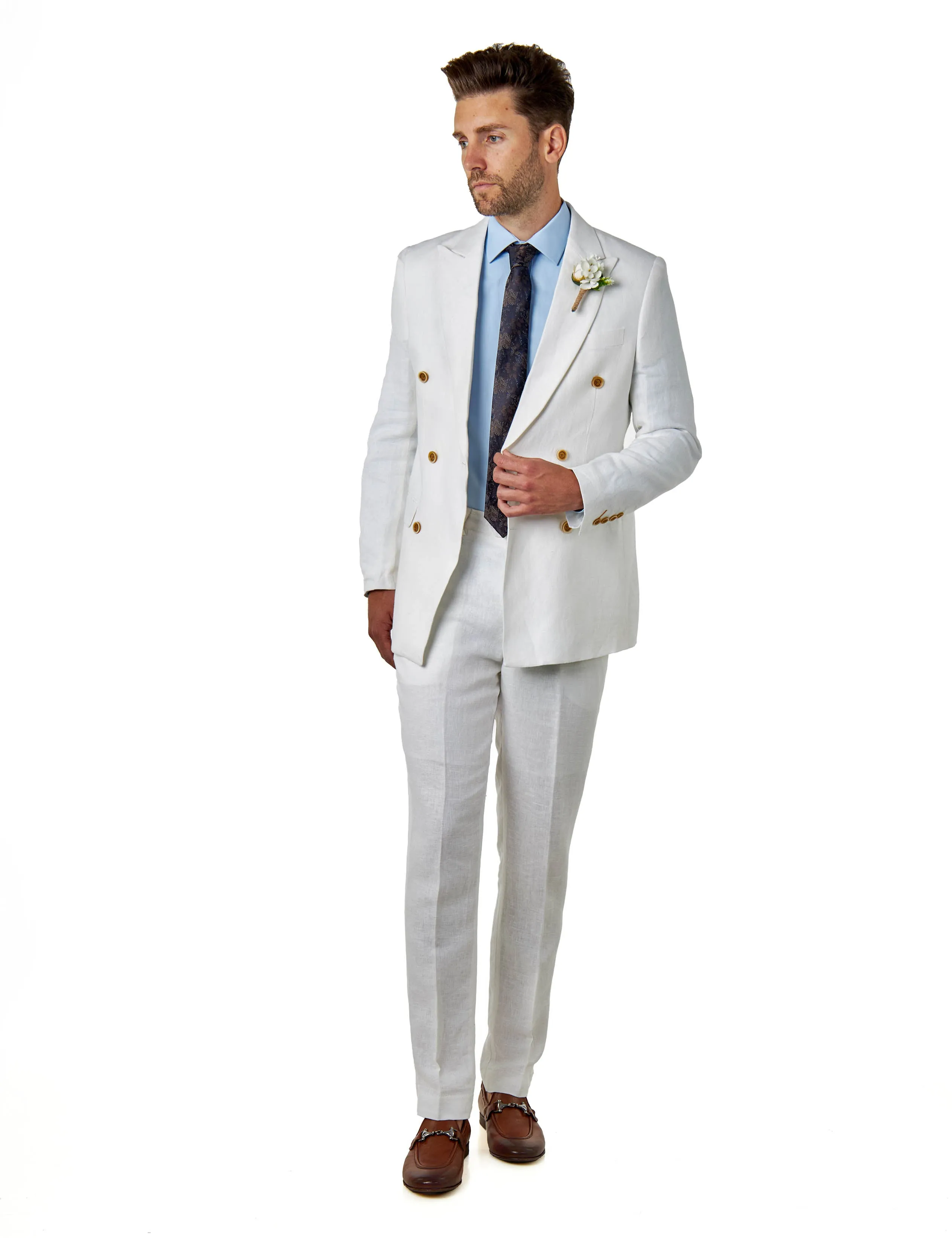 RAY - Tailored Fit Off White Herringbone Linen Double Breasted Jacket