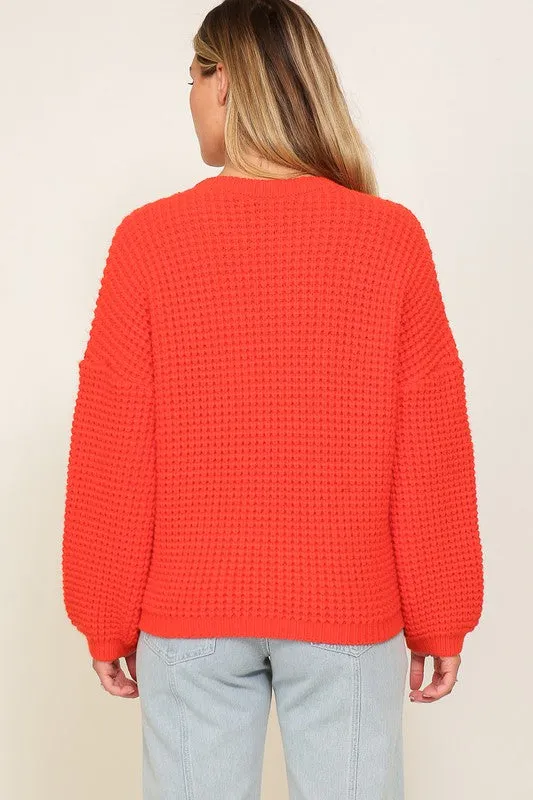 Red Waffle Stitch Round Neck Sweater