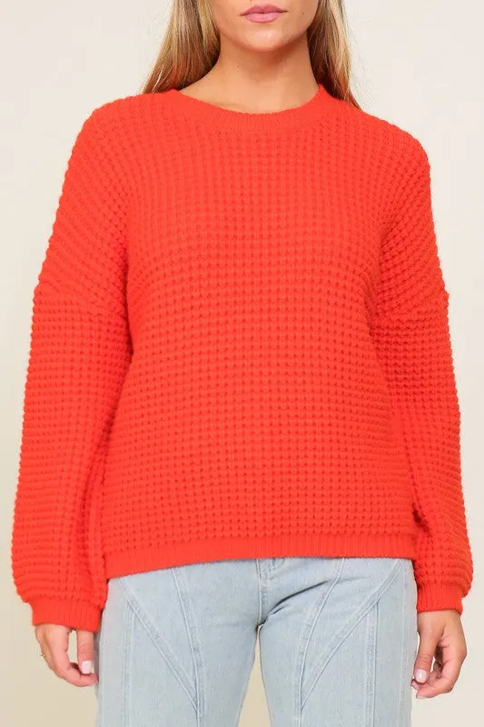 Red Waffle Stitch Round Neck Sweater