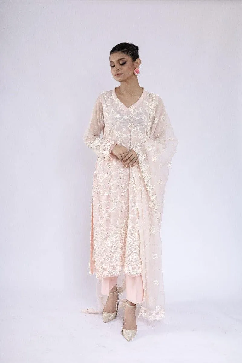 Sadia Aamir - Inara - Powder Pink Khaddi Net Shirt and Dupatta with Culottes - 3 Piece