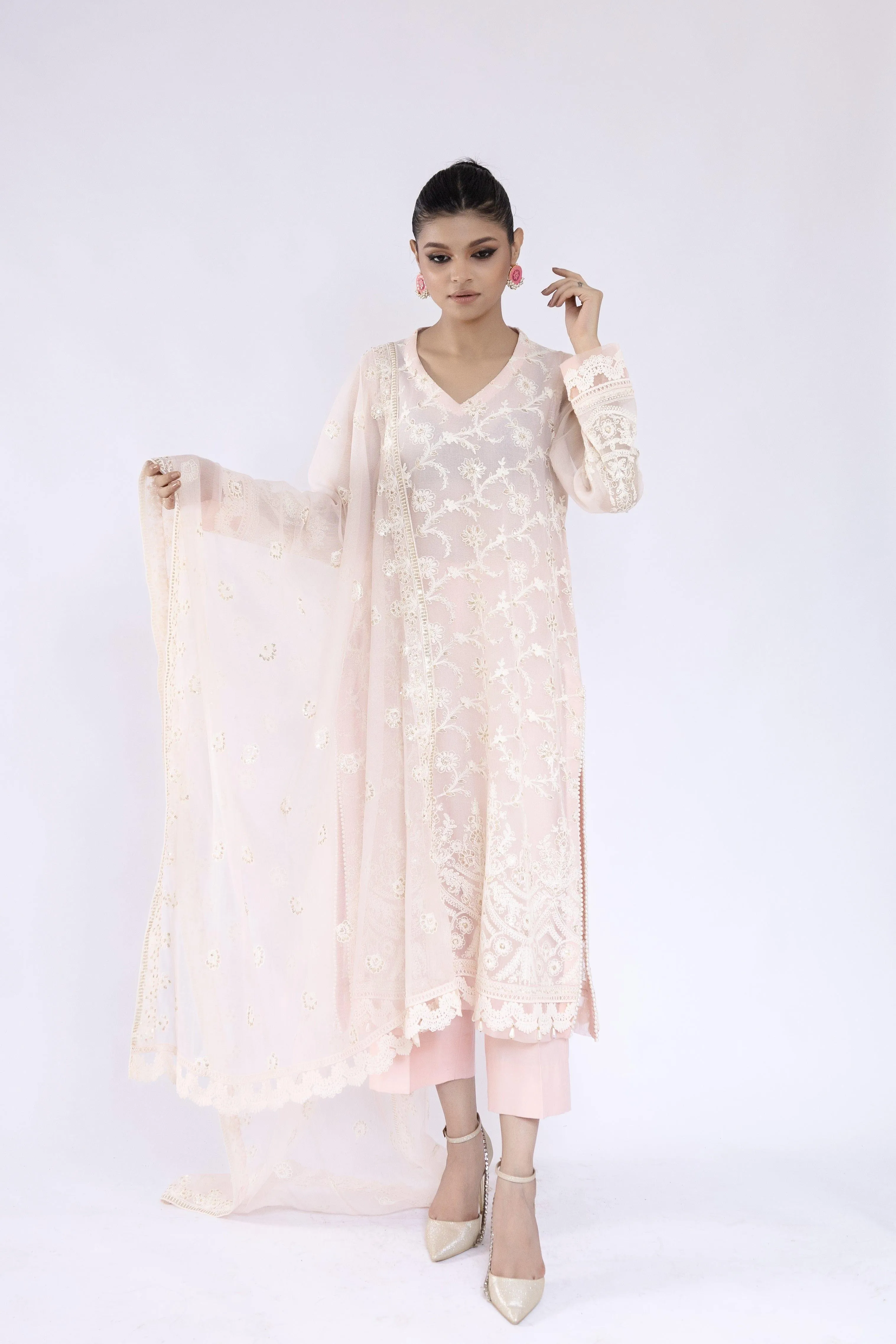 Sadia Aamir - Inara - Powder Pink Khaddi Net Shirt and Dupatta with Culottes - 3 Piece